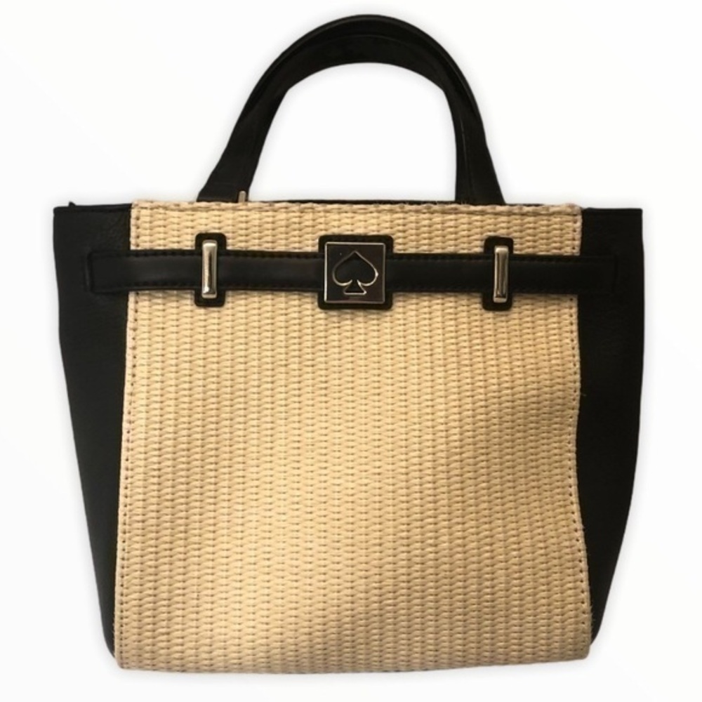 Kate Spade black leather straw mini tote bag